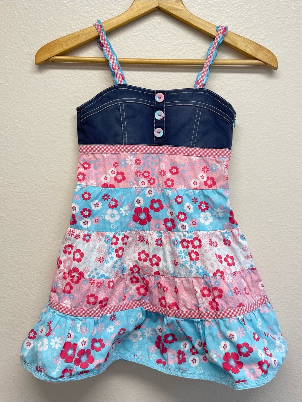 Pumokin Patch Girl’s 7 Denim Floral Tiered Dress 100% Cotton Blue Pink Y2K Plaid